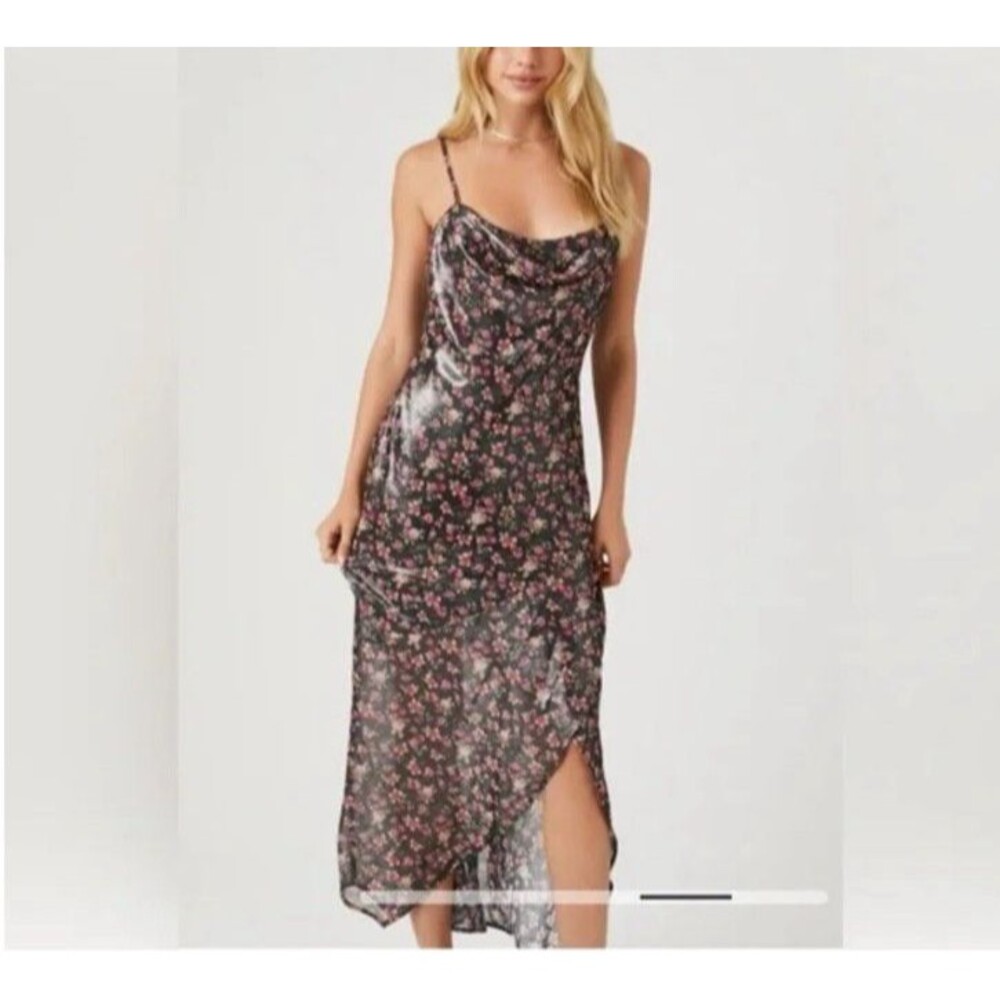 Forever 21 Dress‎ Large Black Pink Floral Shimmer Cowl Neck Fairy Grunge Hoco